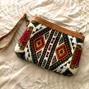 Beaded Woven Tapestry Wristlet Clutch Leather Trim Woven Small Zipper Pouch Boho